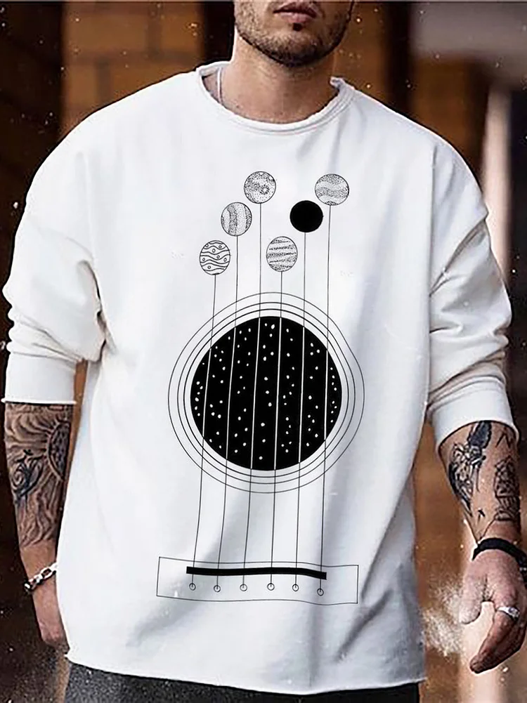 Men's Guitar String Planet Graphic Print Casual Sweatshirt