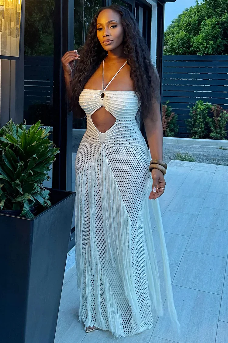 Halter Textured Knit Cutout Fringe Vacation Maxi Dresses-White [Pre Order]