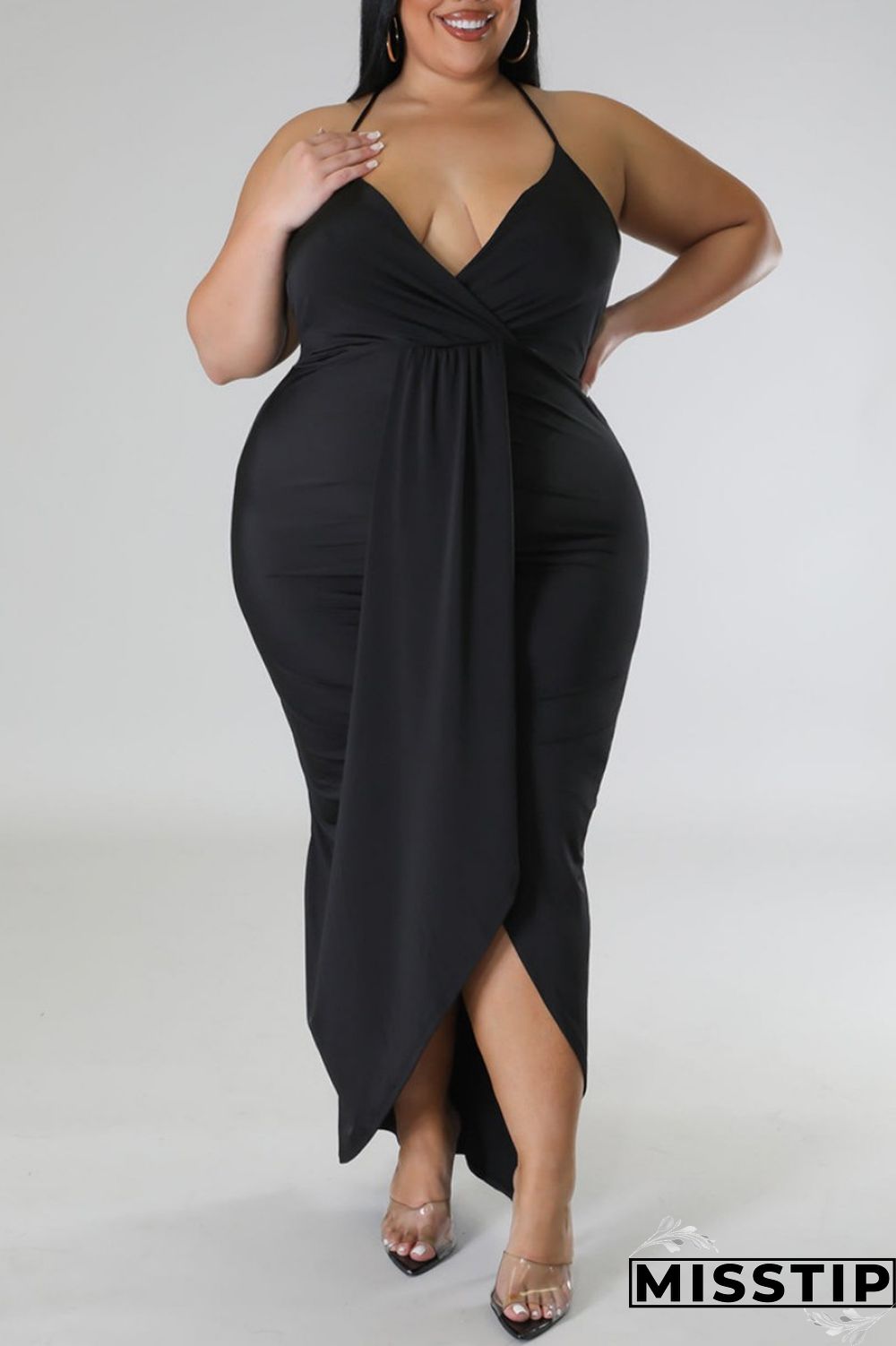 Purple Sexy Solid Patchwork Backless V Neck Sling Dress Plus Size Dresses