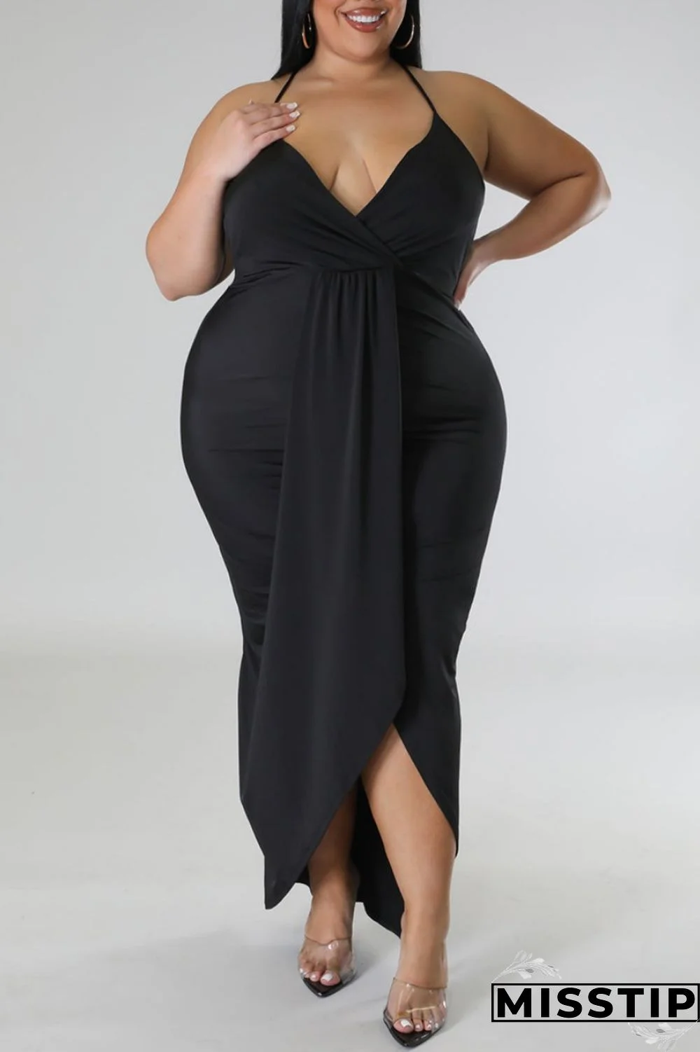 Purple Sexy Solid Patchwork Backless V Neck Sling Dress Plus Size Dresses