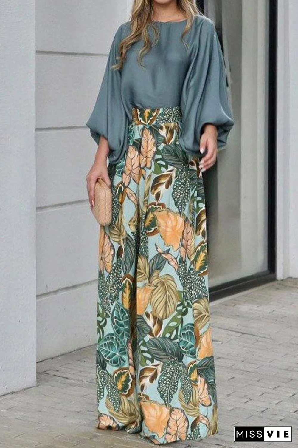 Casual Street Floral Patchwork O Neck Three Quarter Two Pieces(3 Colors)