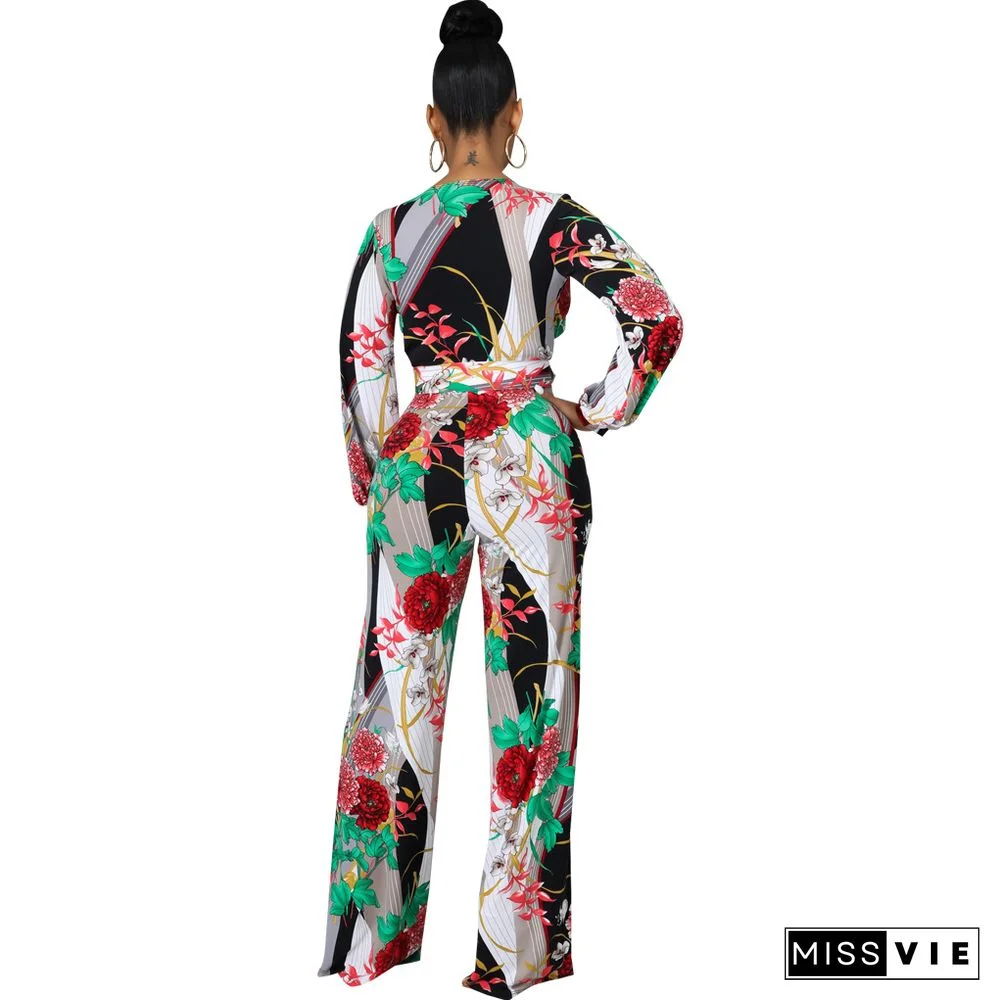 Digital Printed V-neck One Piece Jumpsuit