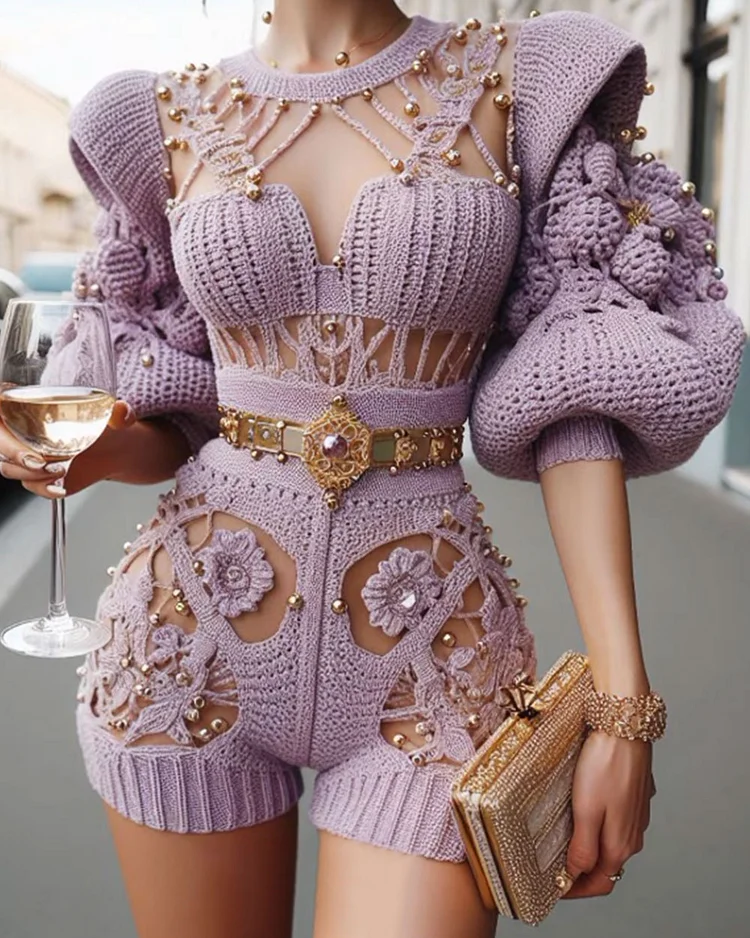 Metallic Pearl Crochet Floral Jumpsuit