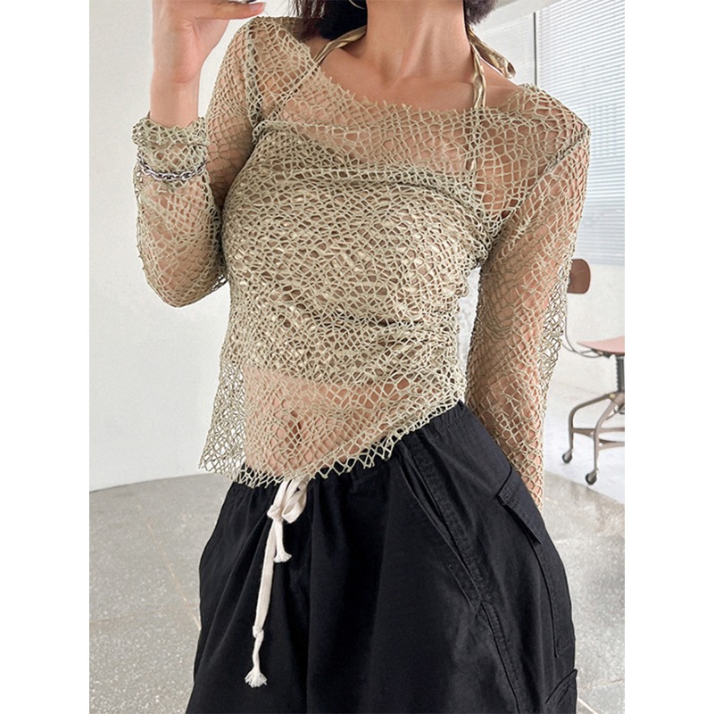 Ootddress Hollow Out Casual Beach Cover up Y2k Top For Women Sexy Off-Shoulder Crochet Holiday Crop top See-Through High Street Top