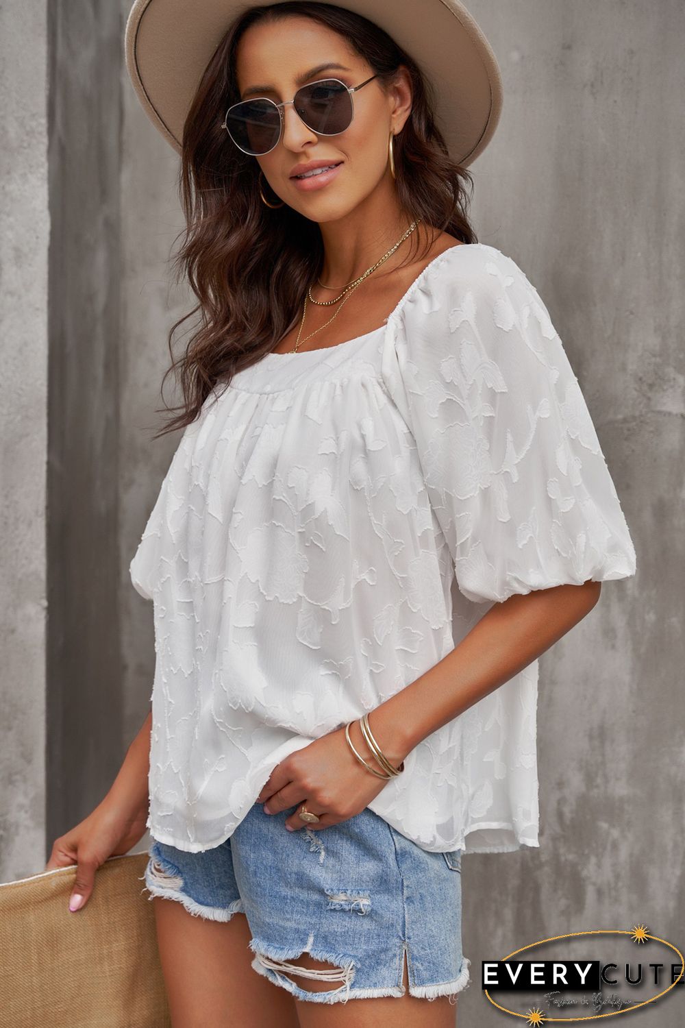 White Lush Printed Balloon Sleeve Ruched Chiffon Top
