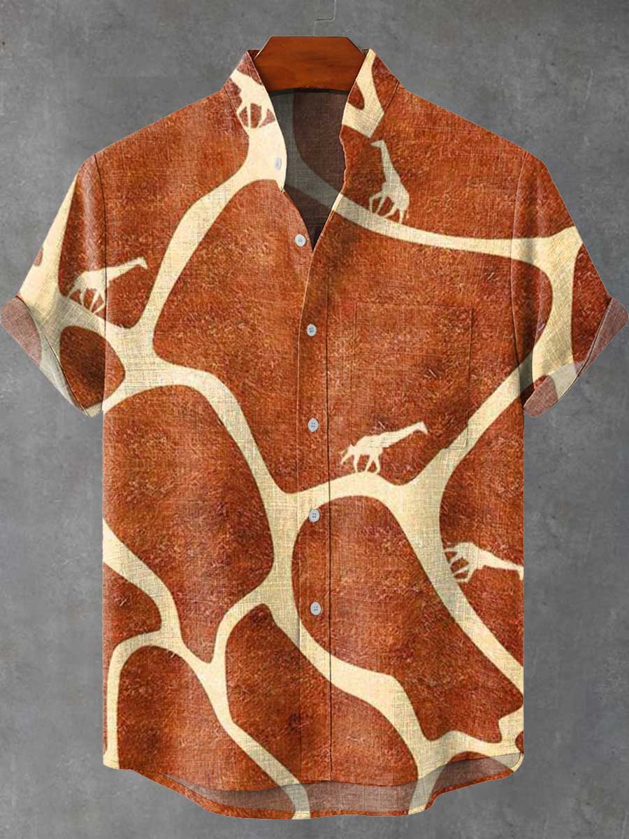 African Art Abstract Giraffe Vintage Print Casual 100% Cotton Shirt