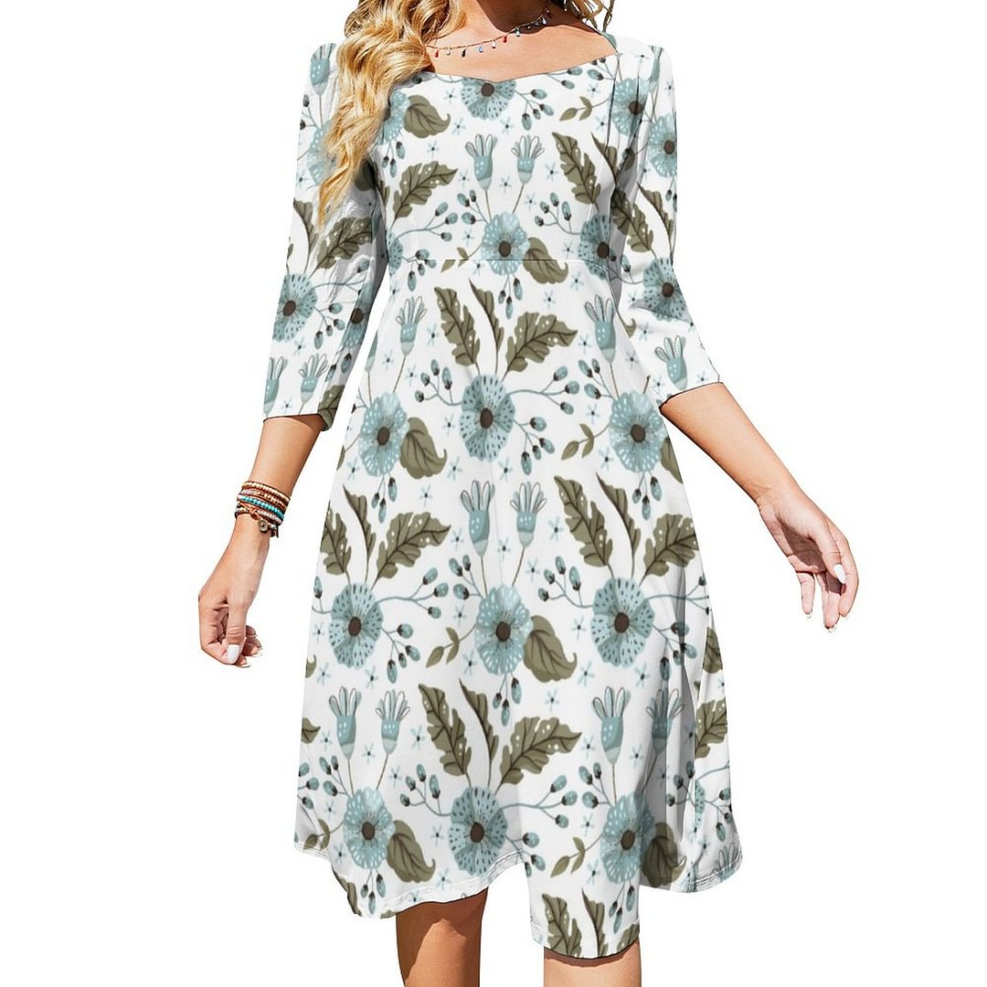 Blue And Green Floral Dress Sweetheart Tie Back Flared 3/4 Sleeve Midi Dresses