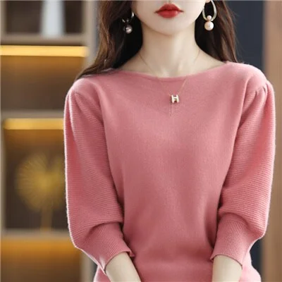 Woherb Pure Wool Sweater Women's Short-sleeved O-neck Five-point Sleeve Knitted Pullover Seven-point Sleeve Loose Sweater T-shirt