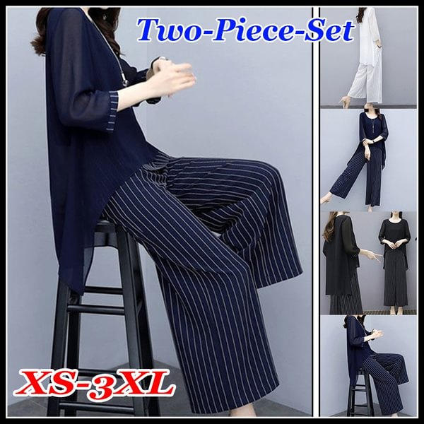 S-3Xl Summer Chiffon 2 Two Piece Sets Outfits Women Plus Size Asymmetrical Blouses And Wide Leg Pants Suits Elegant Korean Sets - Shop Trendy Women's Fashion | TeeYours