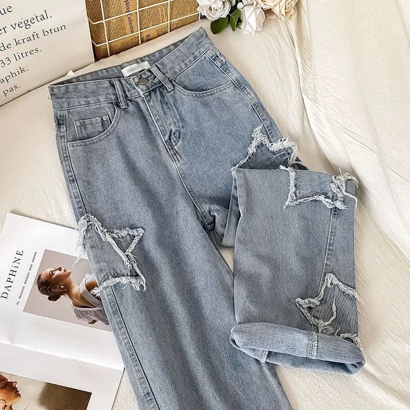 Denim Popular Ins Fashion Korean WIth Star 2023 Spring Autumn New High Waist Straight Leg Loose Fitting Jeans LANFUBEISI