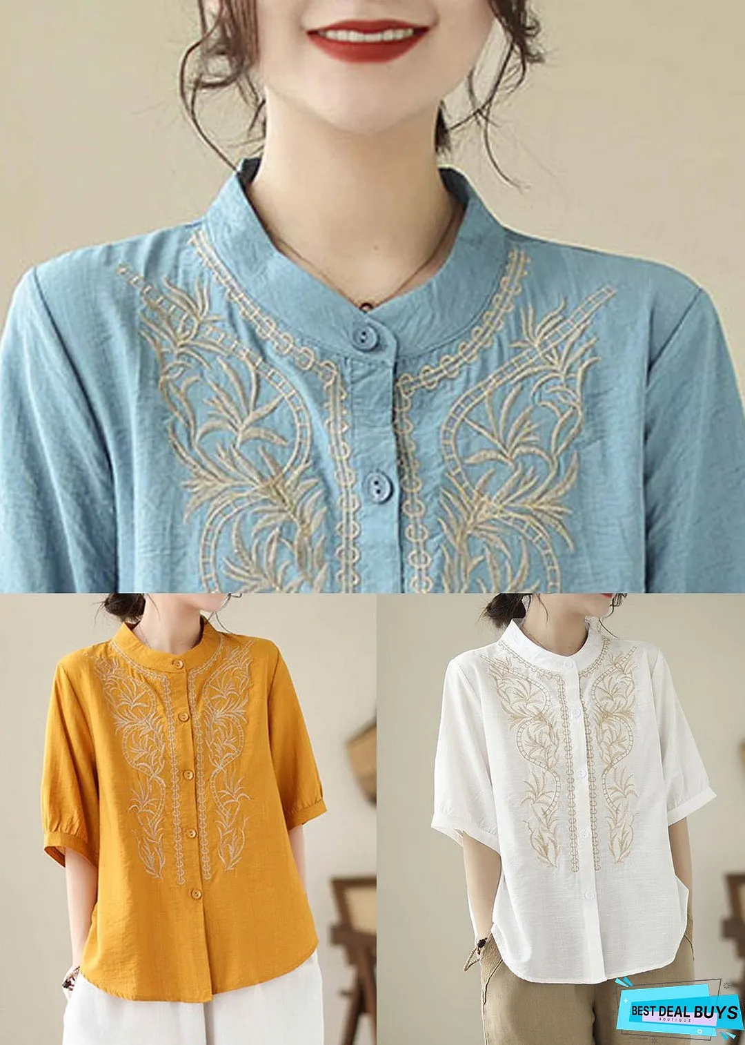 White Solid Patchwork Cotton Blouses Stand Collar Summer