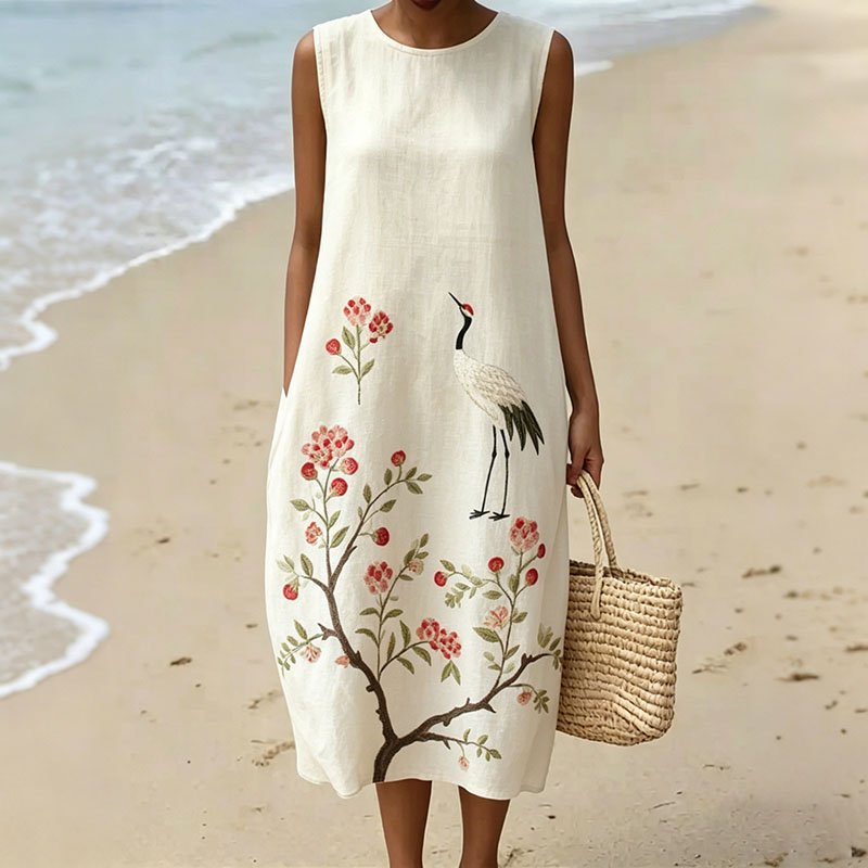 Women's Japanese Floral And Crane Print Linen Blend Slip Dress elevenforest