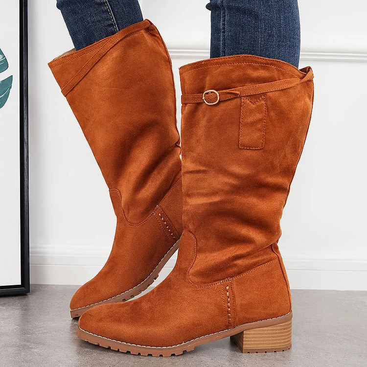 Wide Calf Lug Sole Riding Boots Low Heel Mid Knee High Booties