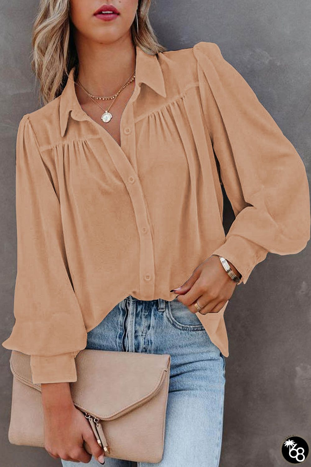 Solid Button-Up Loose Long Sleeve Shirt | 168DEAL