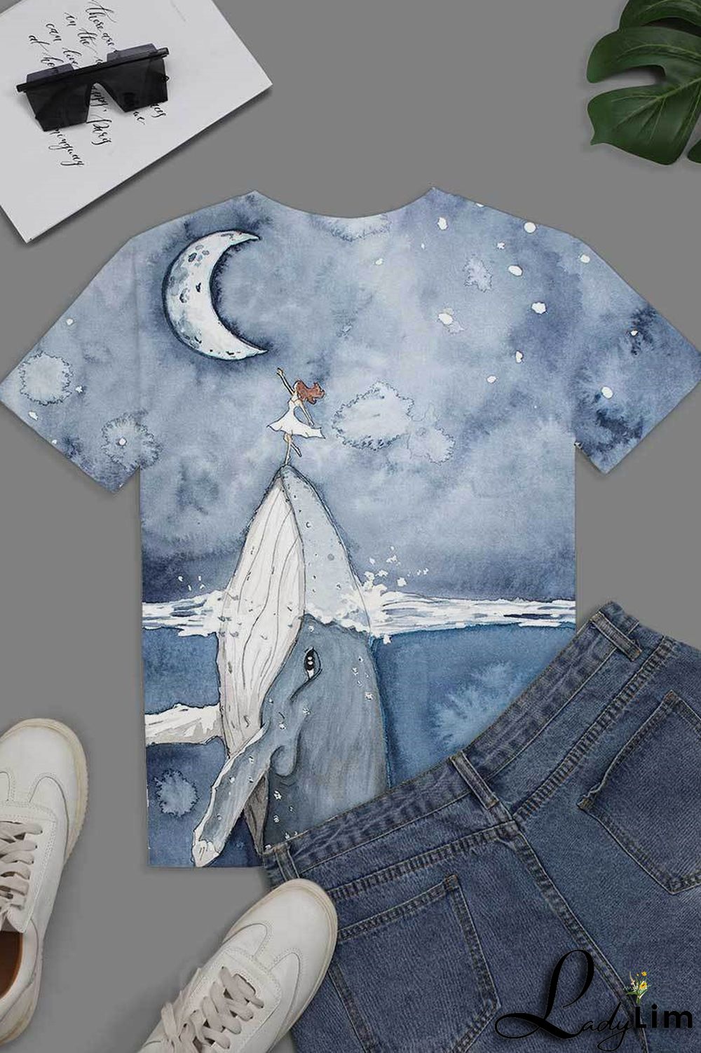 Blue Fashion Casual Print Basic O Neck T-Shirts