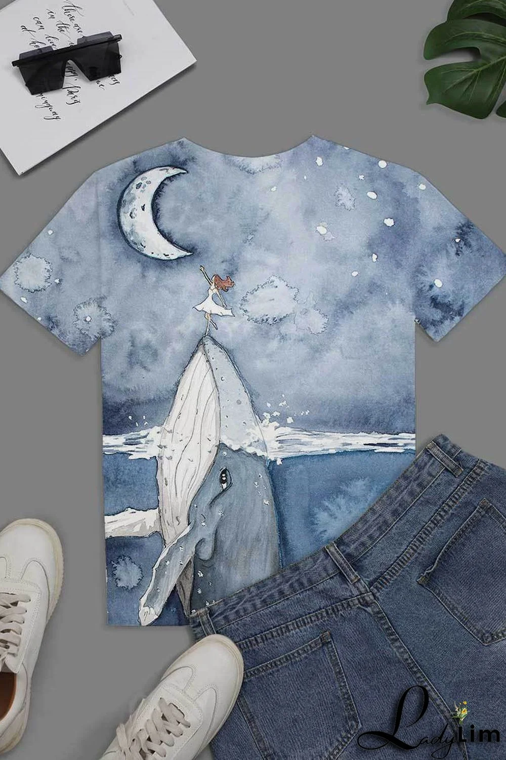 Blue Fashion Casual Print Basic O Neck T-Shirts