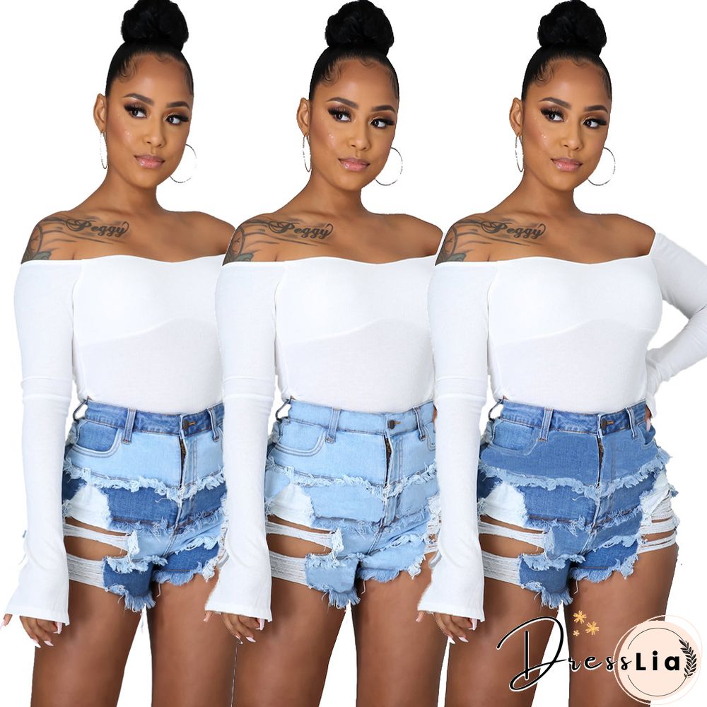 Summer Sexy Patchwork Women Ripped High Waist Holes Stretch Streetwear Plus Size Denim