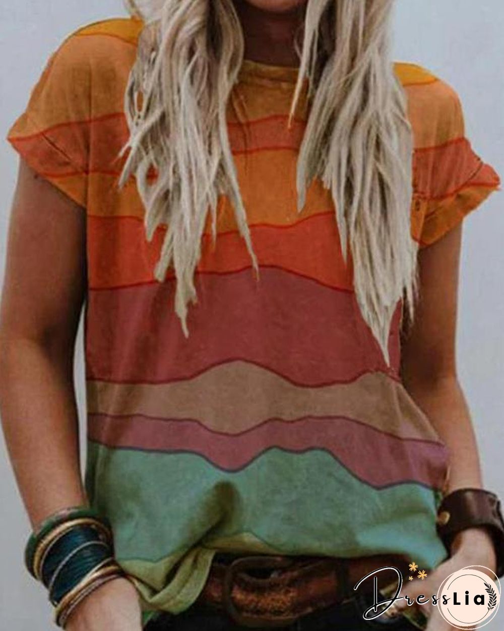 Multicolor Short Sleeve Round Neck Casual Tops
