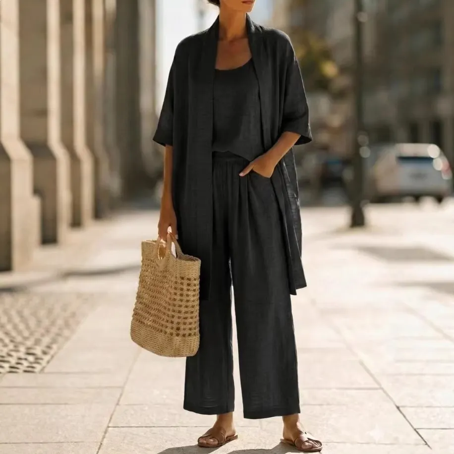 Women's Linen Blend 3-Piece Outfit, Cami Top, Open Front Cardigan and Wide Leg Pants Set