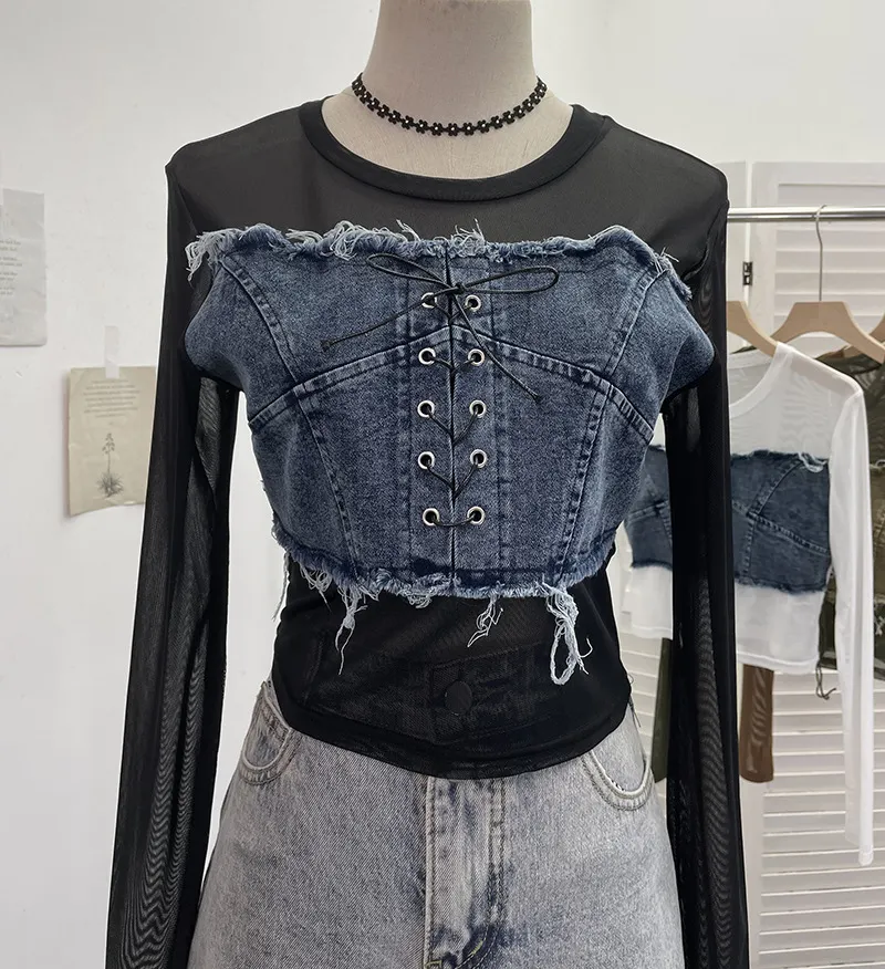 Churchf Vintage Babes Cowboy Spliced Tiring Strapped With Long Sleeves Short Mesh T-Shirt 2639