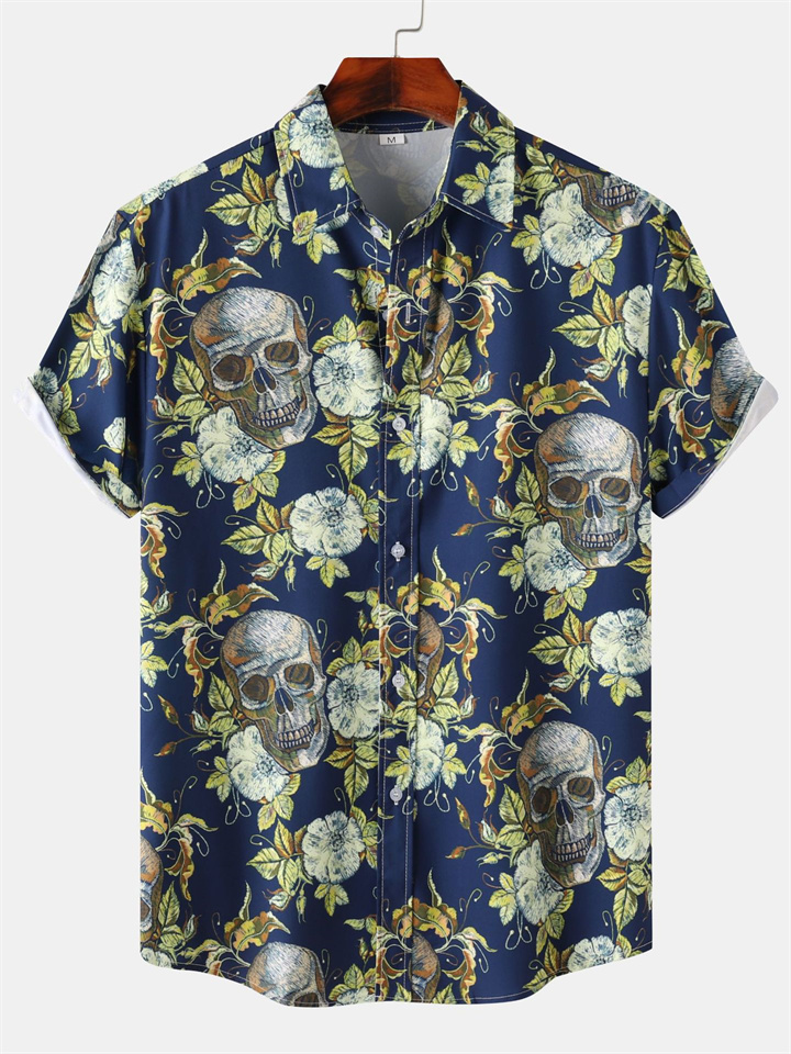 Men's Short-sleeved Shirt Men's Loose Halloween Casual Mid-sleeve Printed Lapel Short-sleeved Shirt Cardigan