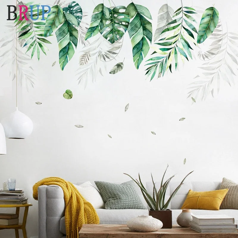Nordic Style Green Leaf Wall Stickers Large Wallpapers Fresh Plants Home Decor for TV Sofa Bedrooms Art PVC Vinyl Wall Decals