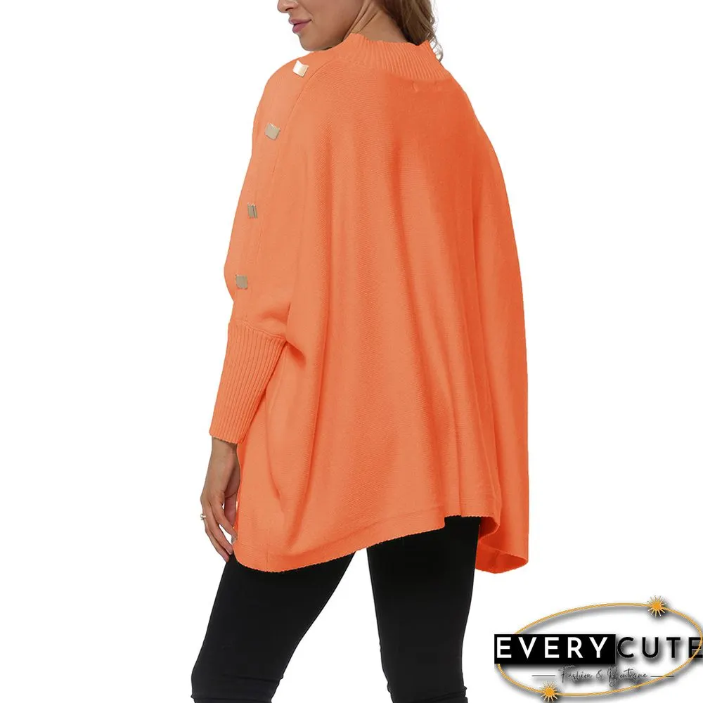 Orange Bat Sleeve Button Shoulder High Collar Sweater