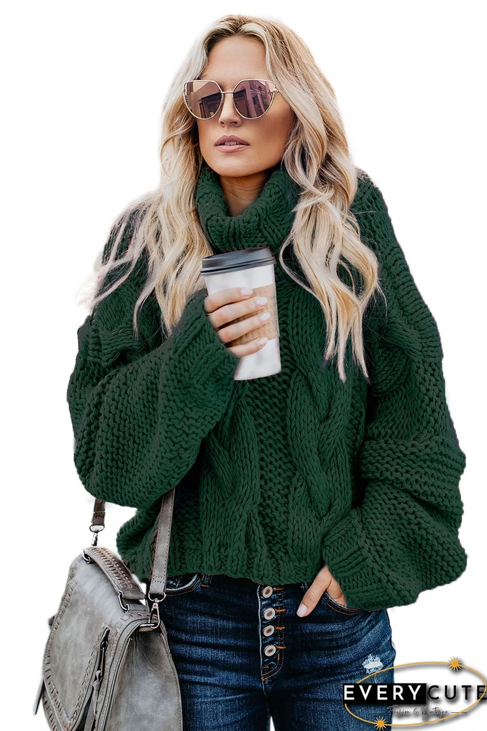 Green Cuddle Weather Cable Knit Handmade Turtleneck Sweater