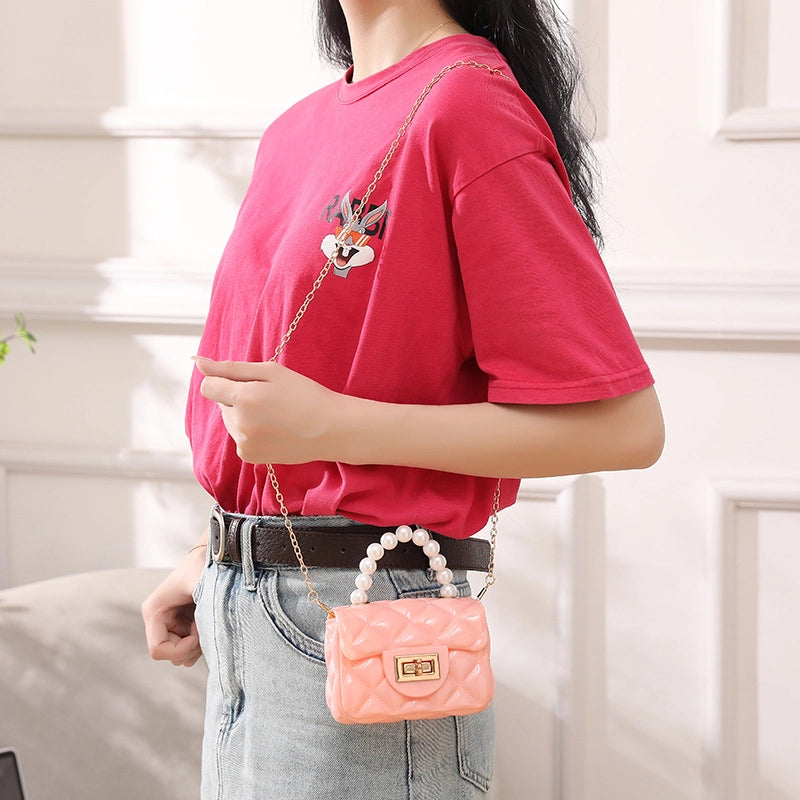 Women’s PVC Solid Color Cute Beading Pearls Square Lock Clasp Crossbody Bag