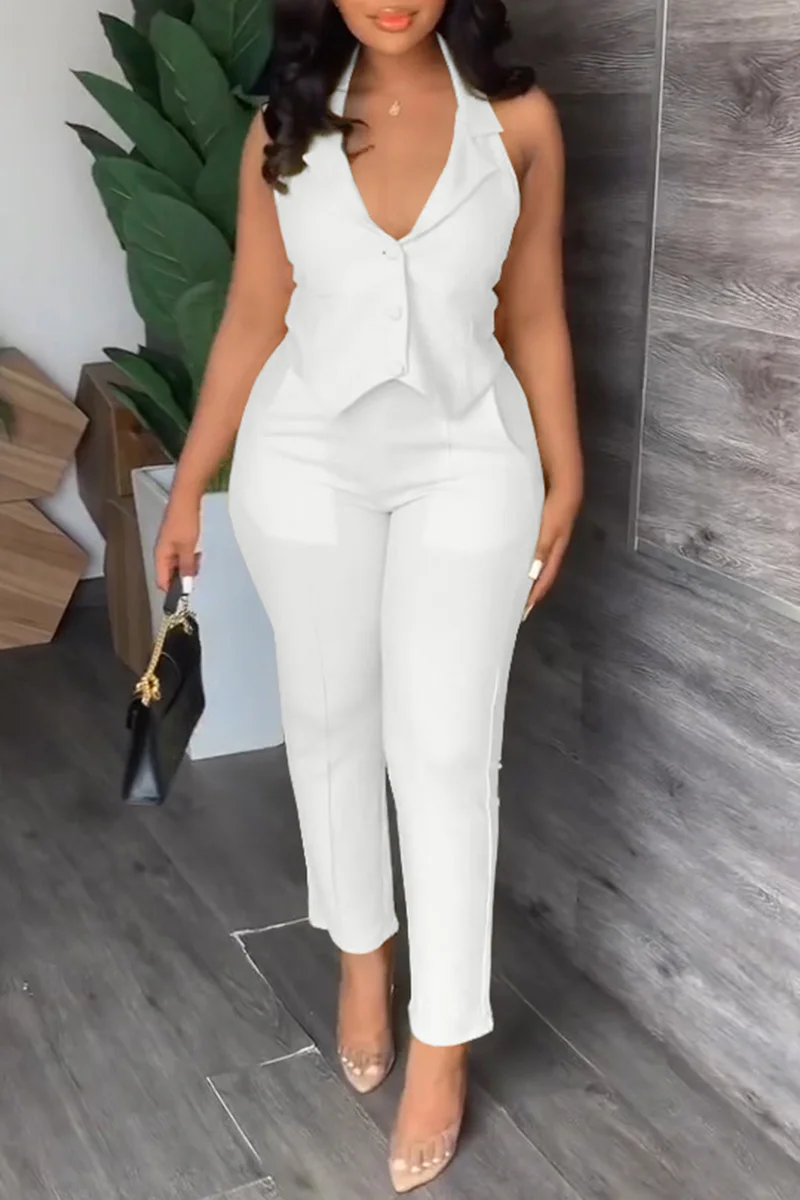 White Casual Solid Backless Halter Sleeveless Two Pieces