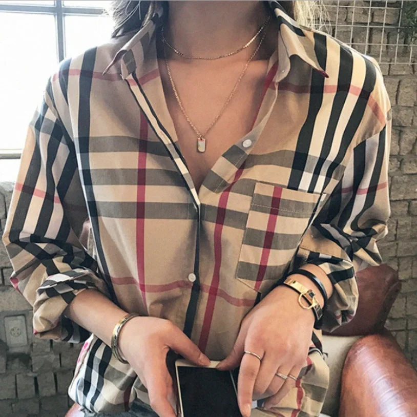 Brownm Splicing Shirt Women's Spring Loose Retro Long-sleeve T-shirt