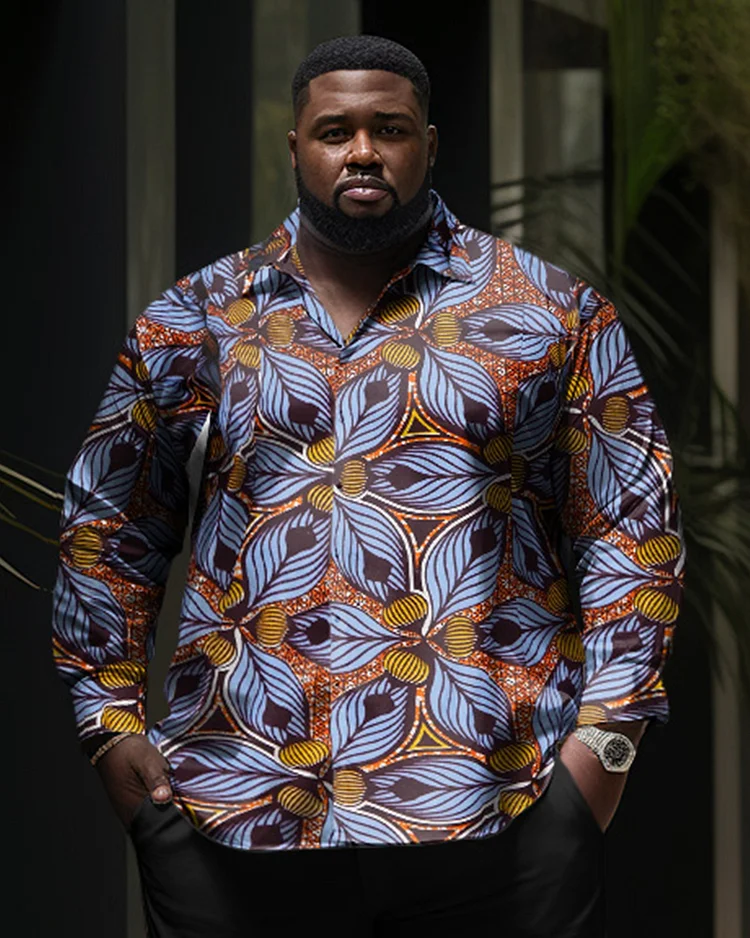 Men's Plus Size Colorblock Abstract Graphic Long Sleeve Lapel Shirt Two-Piece Set