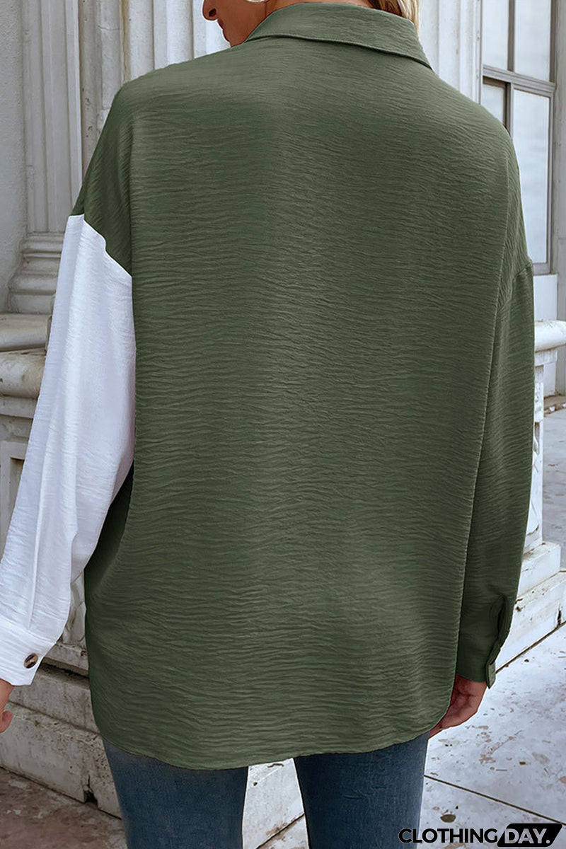 Elegant Color Block Pocket Contrast Turndown Collar Tops