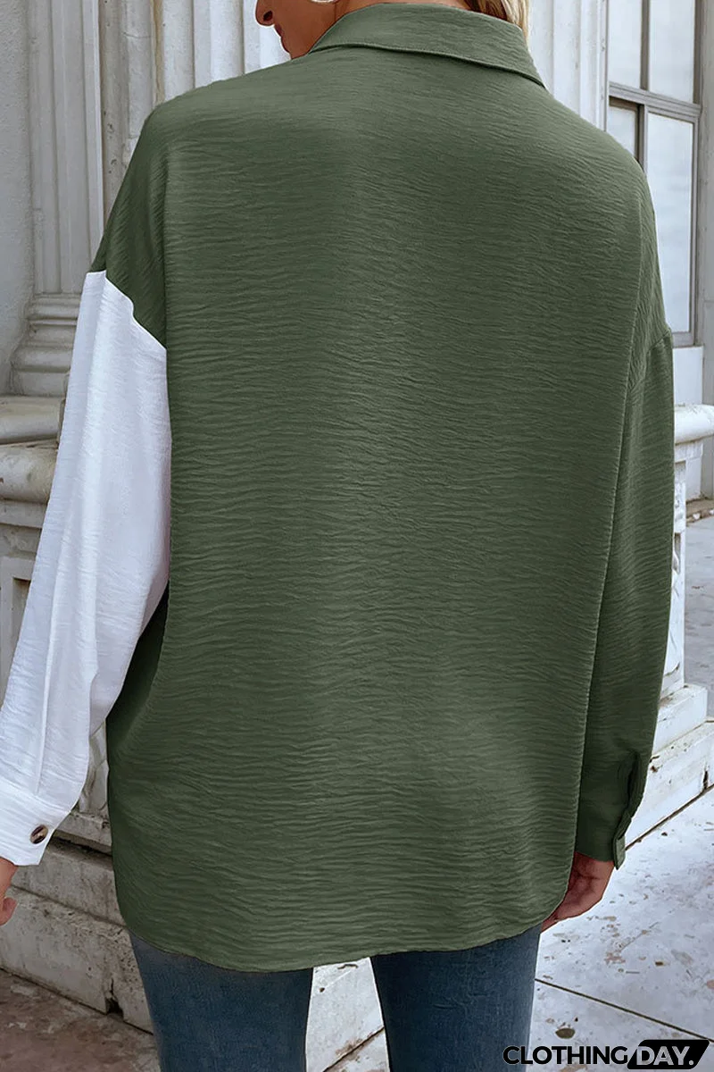Elegant Color Block Pocket Contrast Turndown Collar Tops