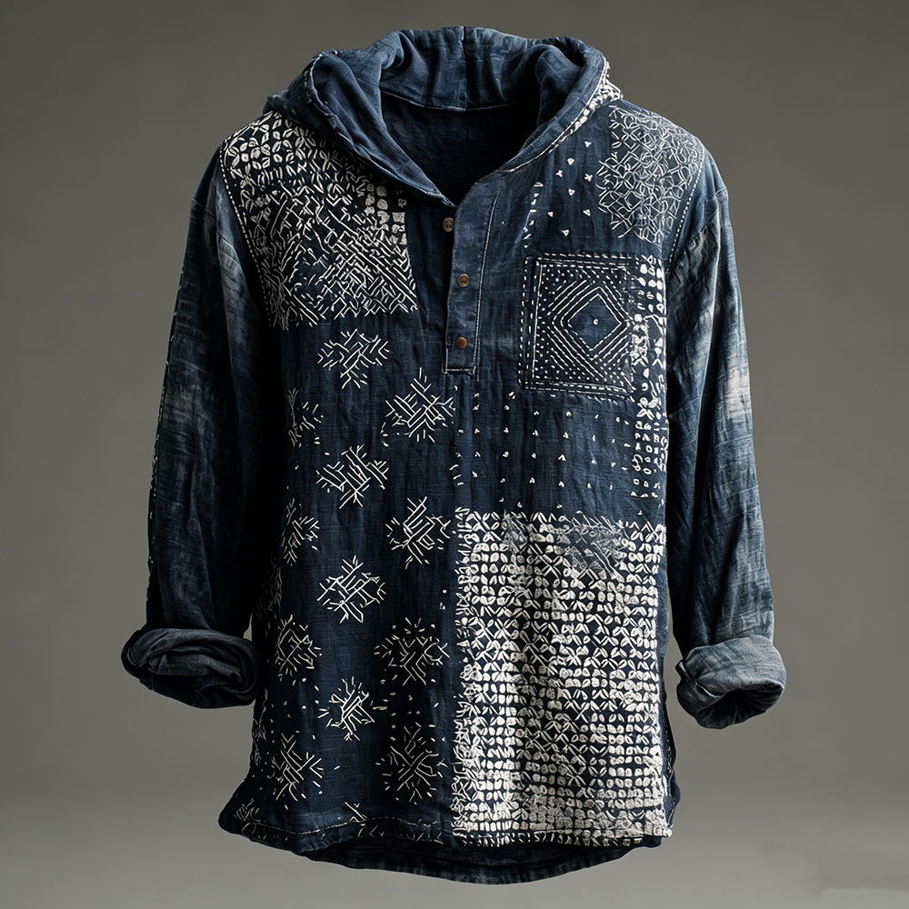 Japanese Traditional Sashiko Art Comfy Linen Hooded Shirt  artssus