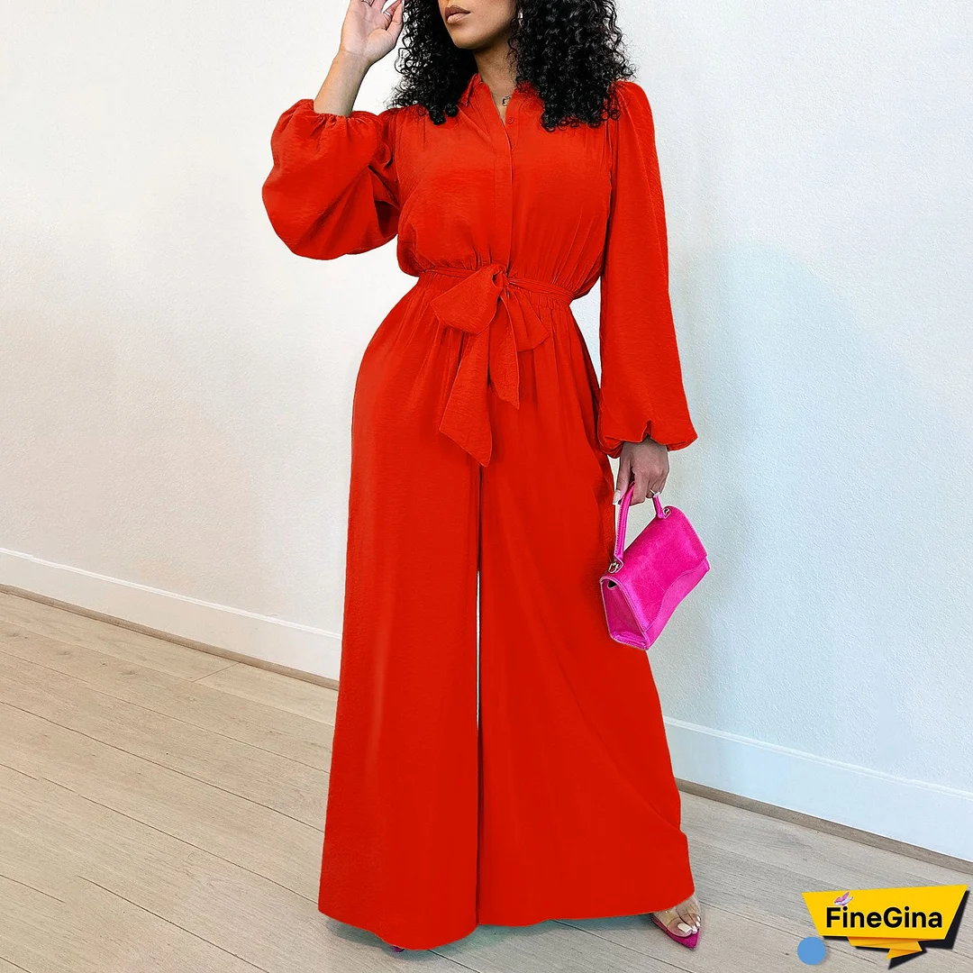 Women's Fashion Long Sleeve Solid Color High Waist Plus Size Loose Casual Jumpsuit