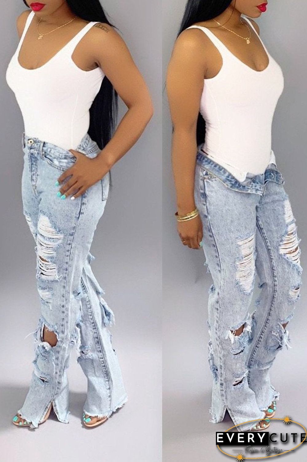 Hole Distressed Denim Slit Jeans