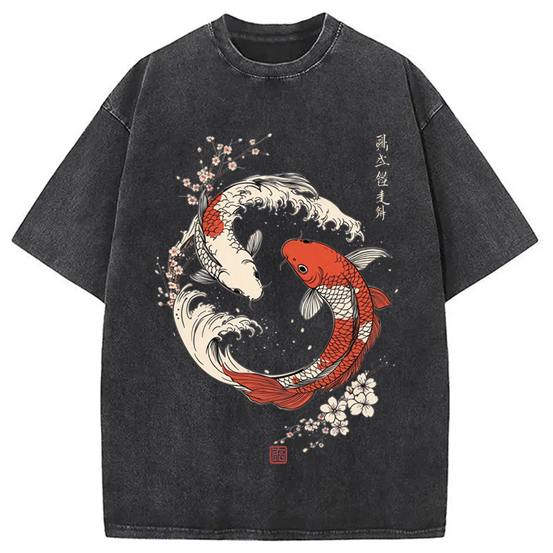 Koi Fish Cherry Blossoms Japanese Washed T-shirt elevenforest