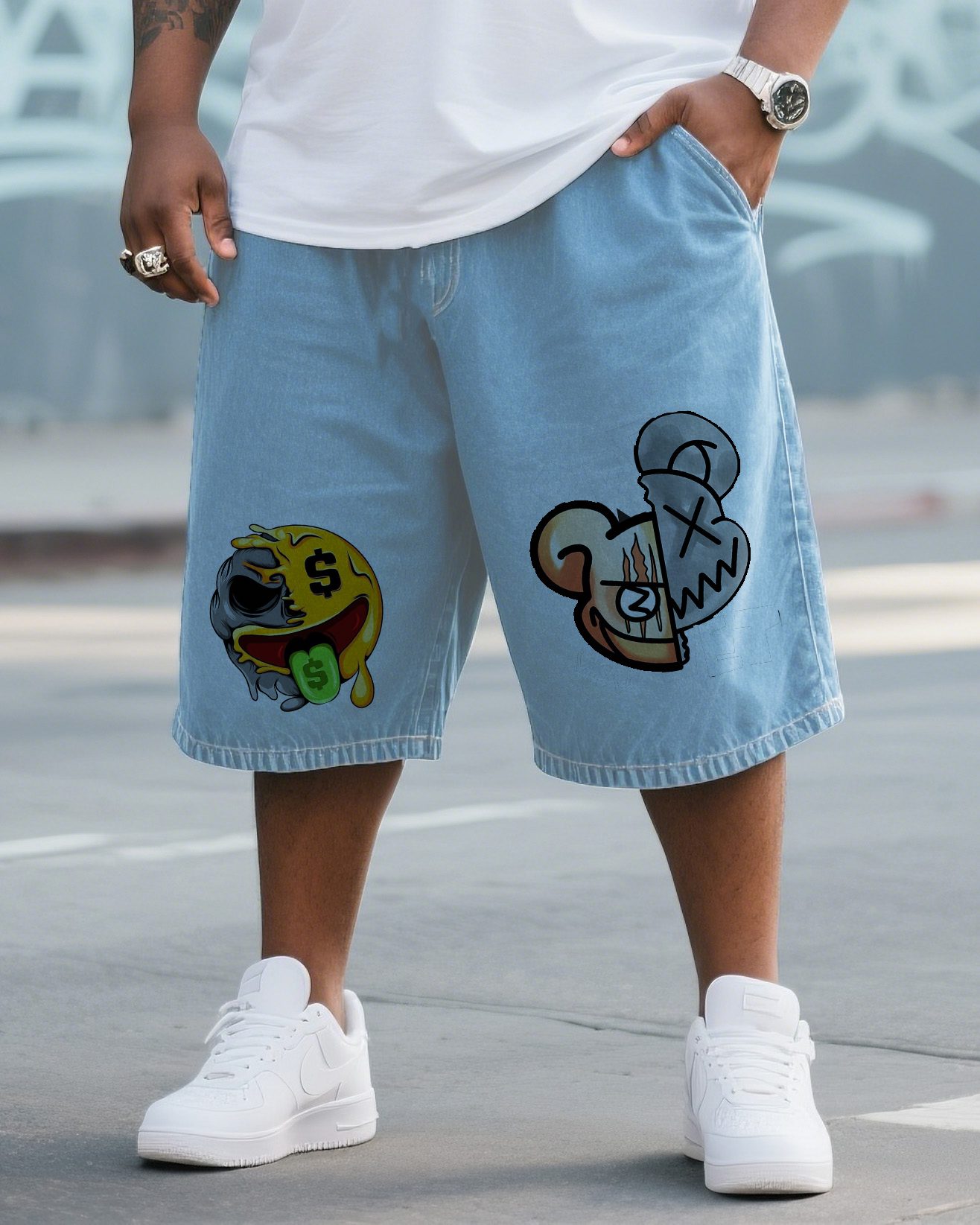 Big & Tall Men's Street Fashion Original Design Cartoon Graffiti Hot Stamping Denim Shorts