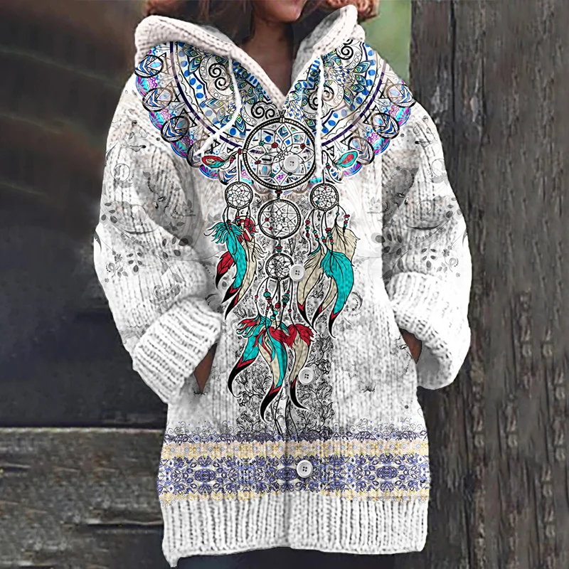 Mandala Feather Print Women's Cardigan Sweater