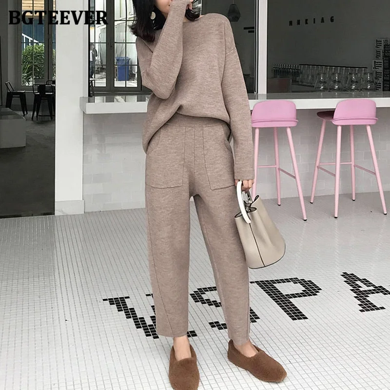 BGTEEVER 2021 Winter Casual Thick Sweater Tracksuits O-neck  Jumpers & Elastic Waist Pants Suit Female Knitted 2 Pieces Set