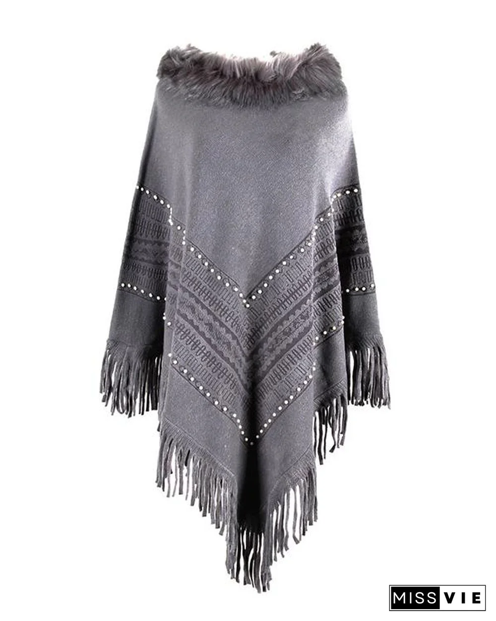 Pullover Patchwork Fur Collar Tassel Cape Women Winter Knitted Loose Cloak Boho Sweaters