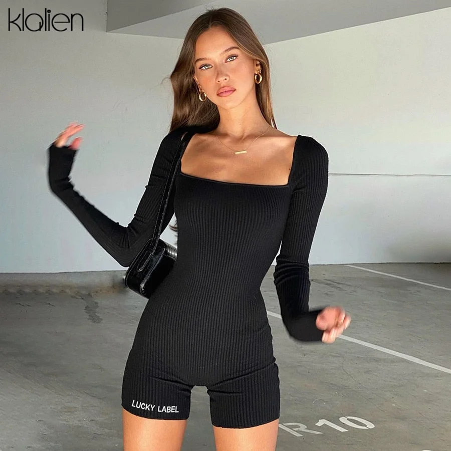 KLALIEN casual streetwear black spring summer print letter skinny playsuit women elastic yoga fitness sportwear female playsuit