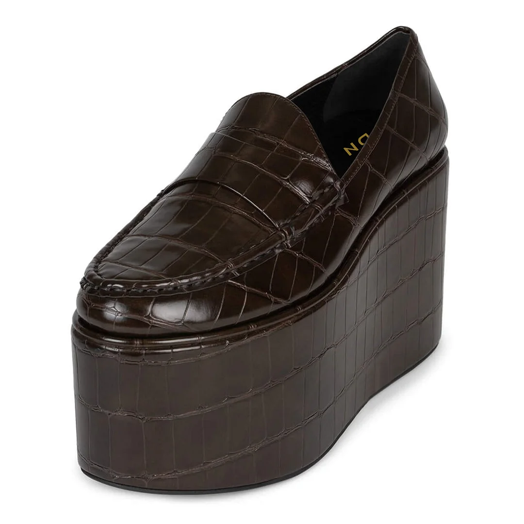 Dark Brown Croc-Embossed Almond Toe Platform Loafers with Wedge Heel
