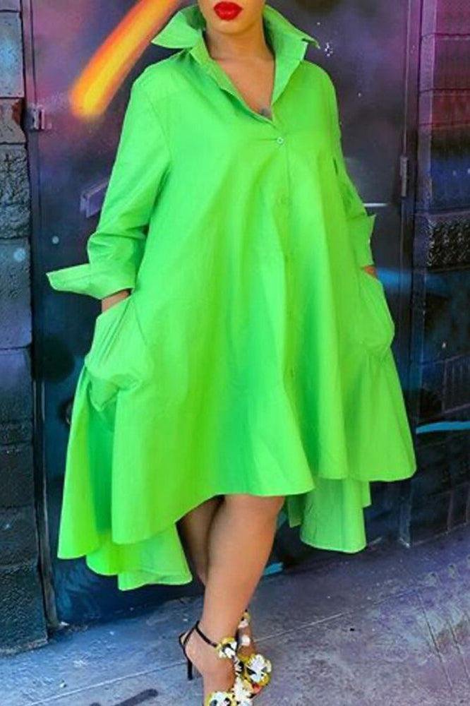 Xpluswear Plus Size Solid Casual Pleated Polo Neck Botton Irregular Shirt With Pockets High Low Midi Dress