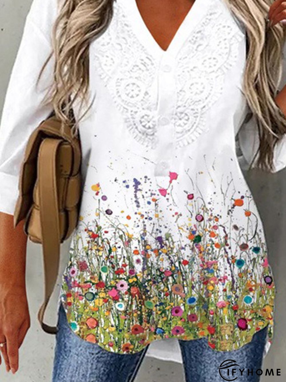 Floral 3/4 Sleeve Lace V Neck Casual Tunic Top | IFYHOME