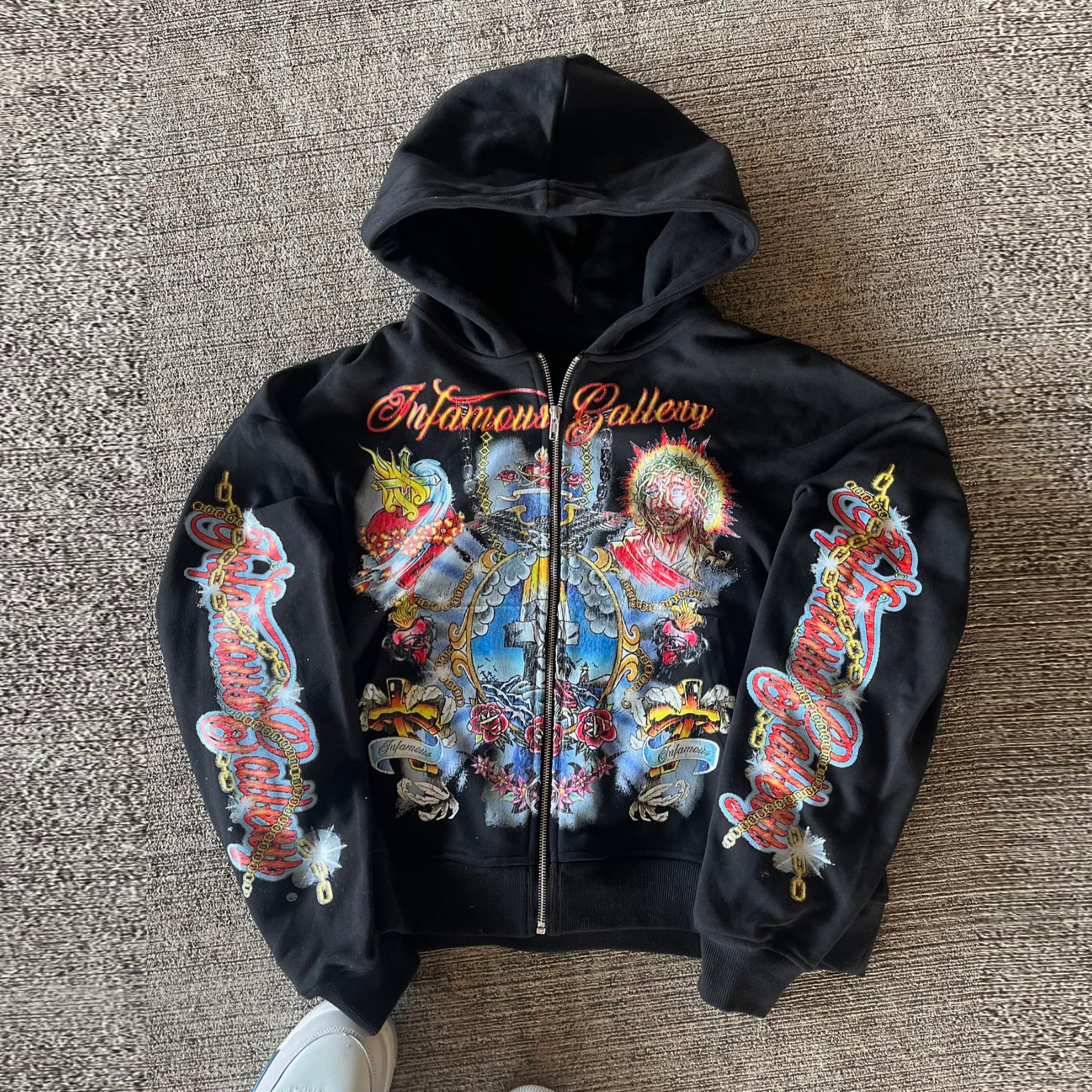 Vintage religious print zip-up hoodie