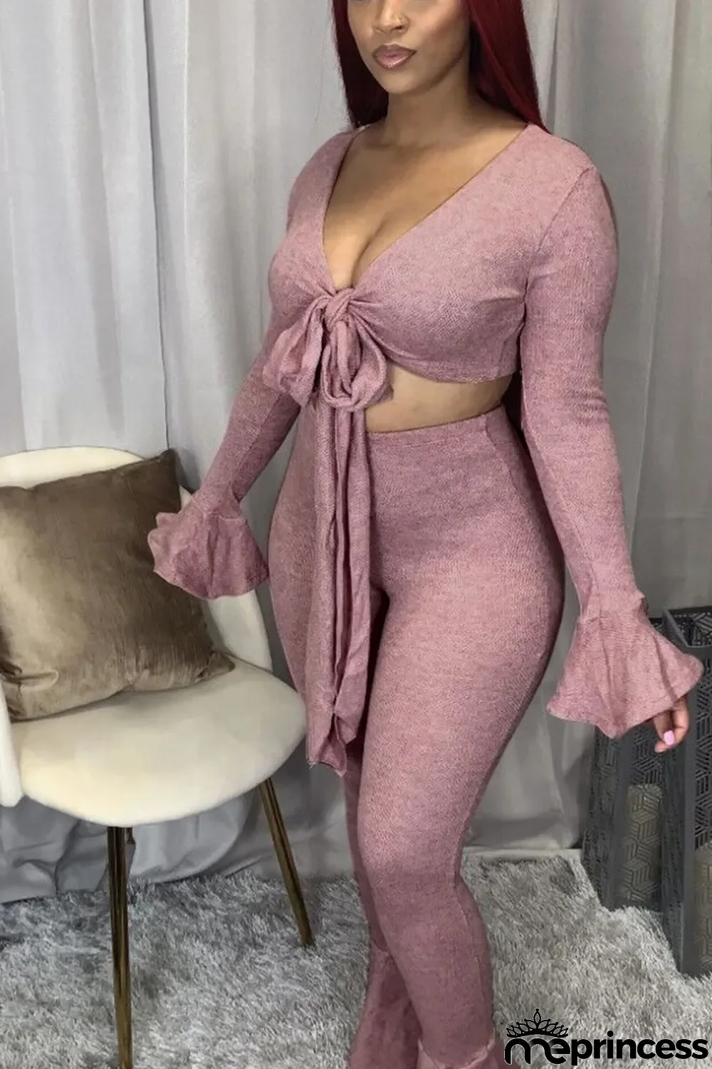 Red Casual Solid V Neck Long Sleeve Flare Sleeve Short Two Pieces