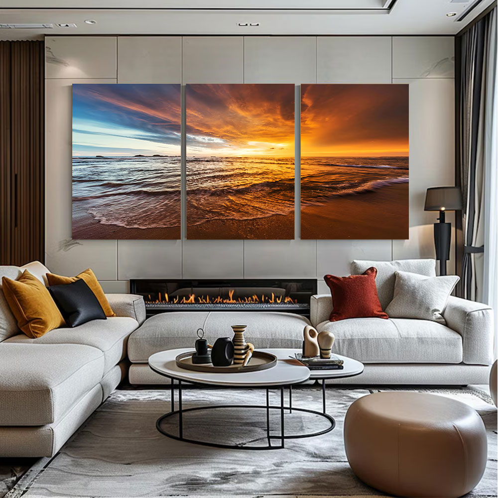 3-Piece Set Fiery Sunset Waves on the Shore Canvas Art