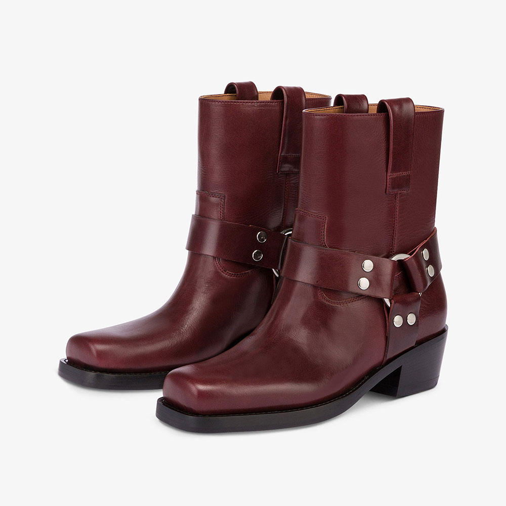 Maroon Buckle Ankle Strap Square Toe Chunky Heel Pull Tab Ankle Boots Nicepairs